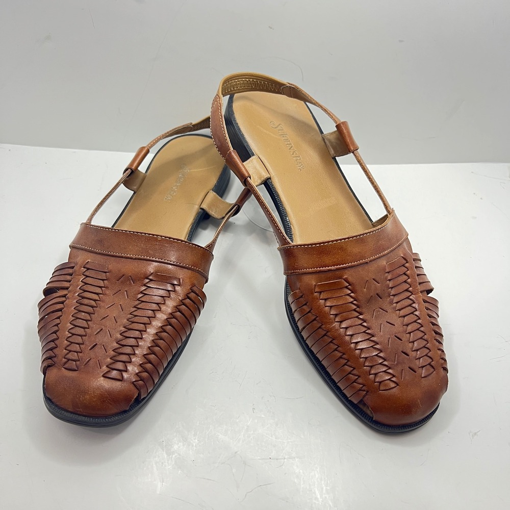 St Johns Bay Womens Brown Leather Woven Huarache Slingback Flat Sandals 10M